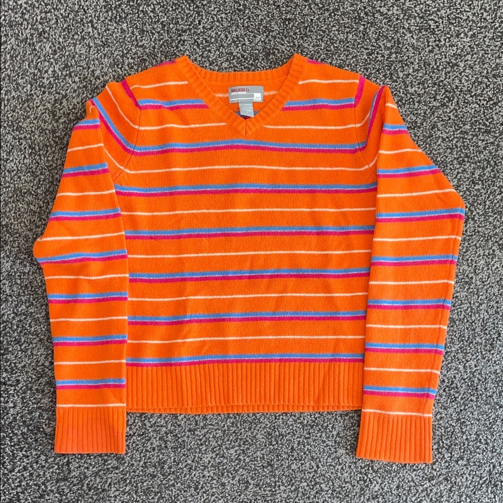 Vintage Y2K Hollister Co.Bright Orange V-Neck Sweater with Stripes Size Large